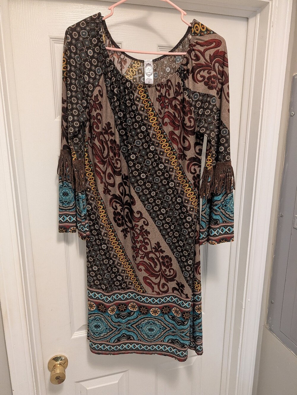Together Boho Long Sleeve Dress in Brown and Teal
